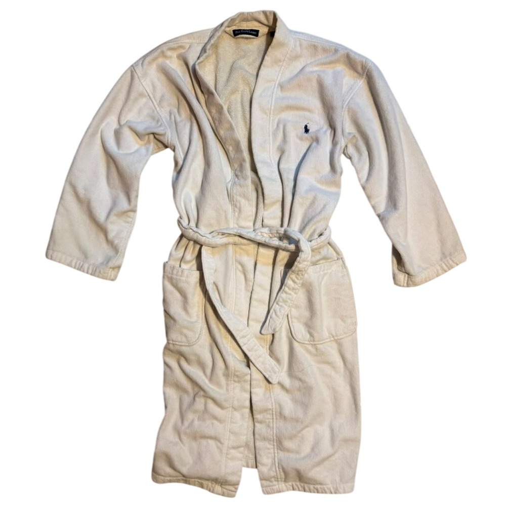 Polo Ralph Lauren Mens Cream White Cotton Terry Cloth Bath Robe S/M Logo Lounge